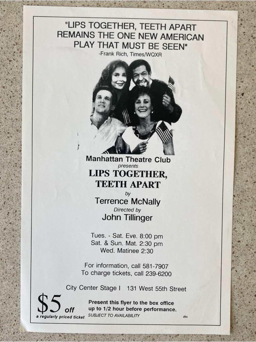 1 Sided Flyer LIPS TOGETHER TEETH APART 5X8 Manhattan Theatre Club Anthony Heald